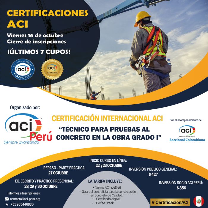 Programa de certificación ACI 2020:  TÉCNICO EN PRUEBAS DE CAMPO DE CONCRETO - GRADO I